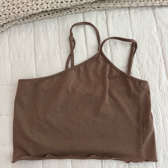 vestique Tops - vestique Taupe Ribbed One-Shoulder Crop Tank